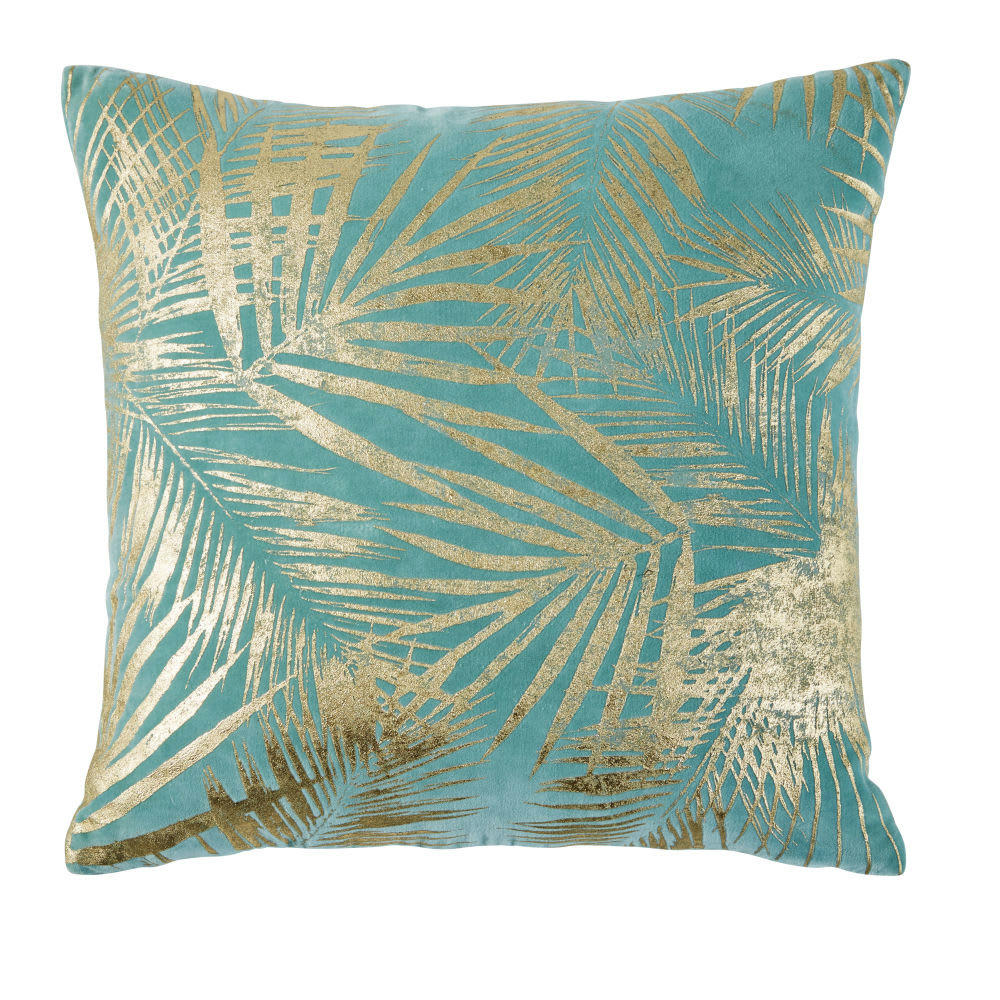 BACKERSFIELD - Coussin en velours bleu motif imprimé feuillages dorés 45x45