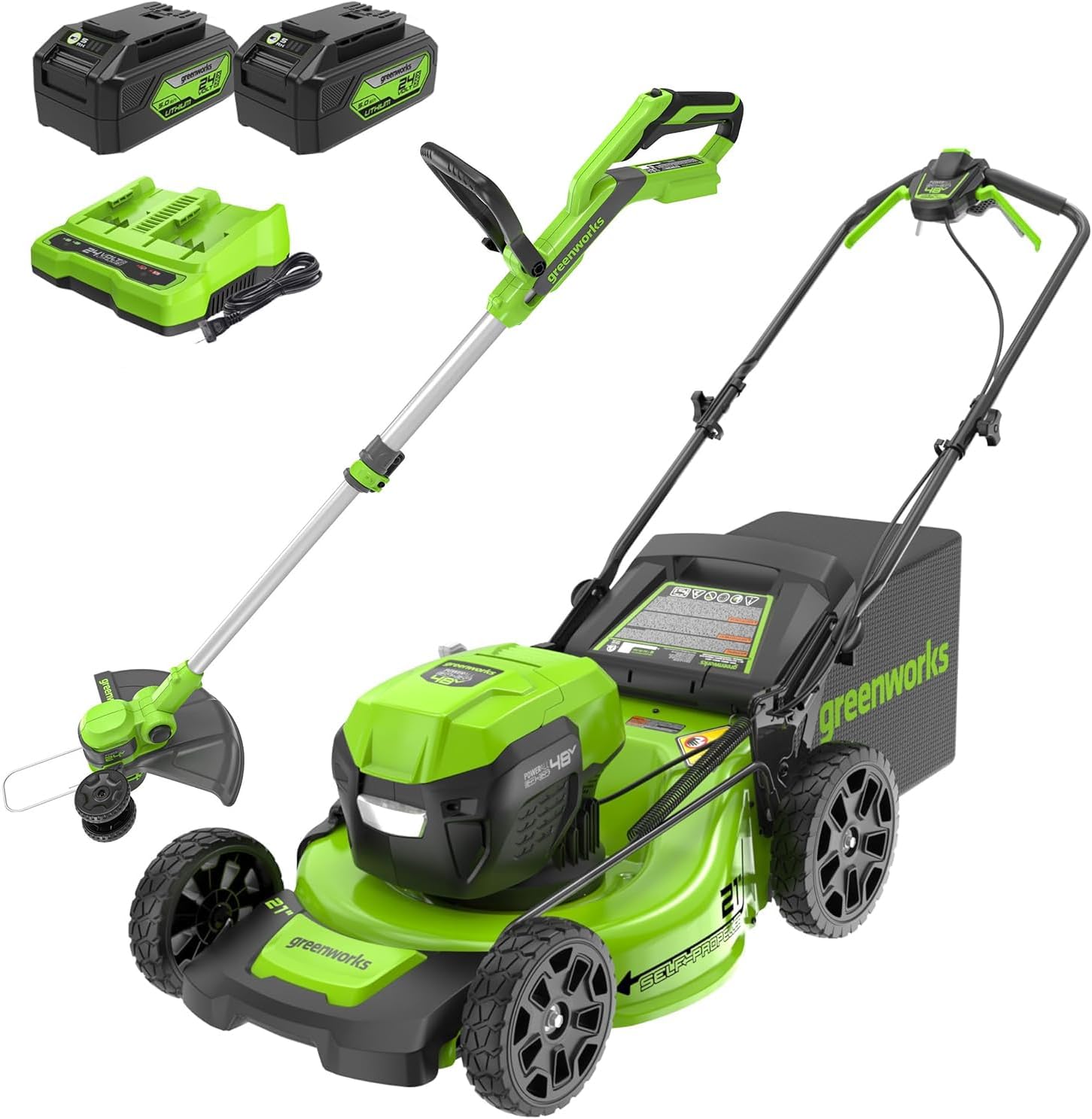 Greenworks 48V (24V x 2) 21 Cordless Battery Self-Propelled Lawn Mower w/Two (2) 5.0Ah USB Batteries & Charger 24V 12 Cordless Battery String Trimmer/Edger (Tool Only) Kit