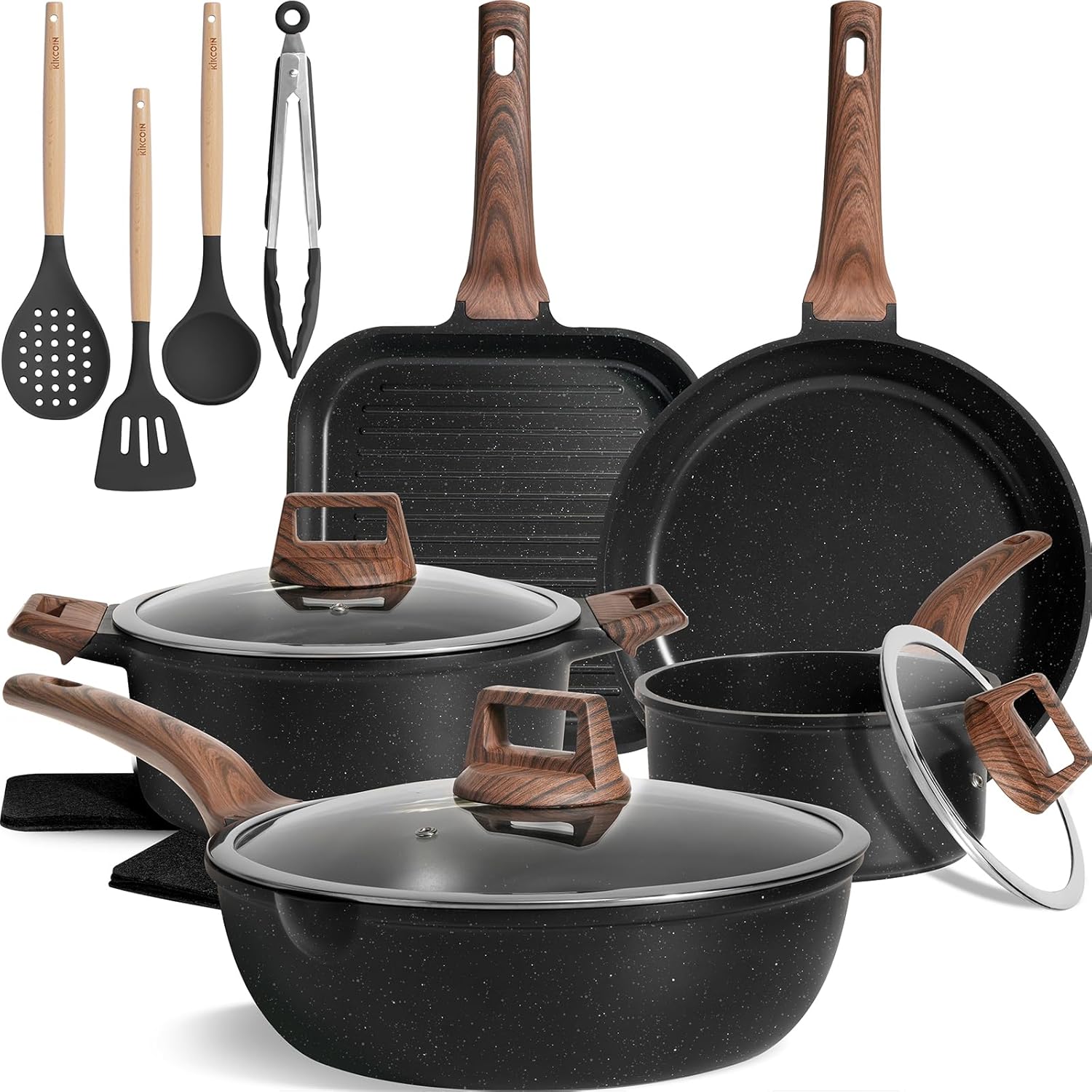 Kikcoin 16Pcs Ceramic Pots and Pans Set Non Stick, Includes a 9.5 Grill Pan, Induction Kitchen Cookware Sets, Black Nonstick RV Kitchen Camping Cooking Sets Stackable (PTFE, PFOS, PFOA Free)