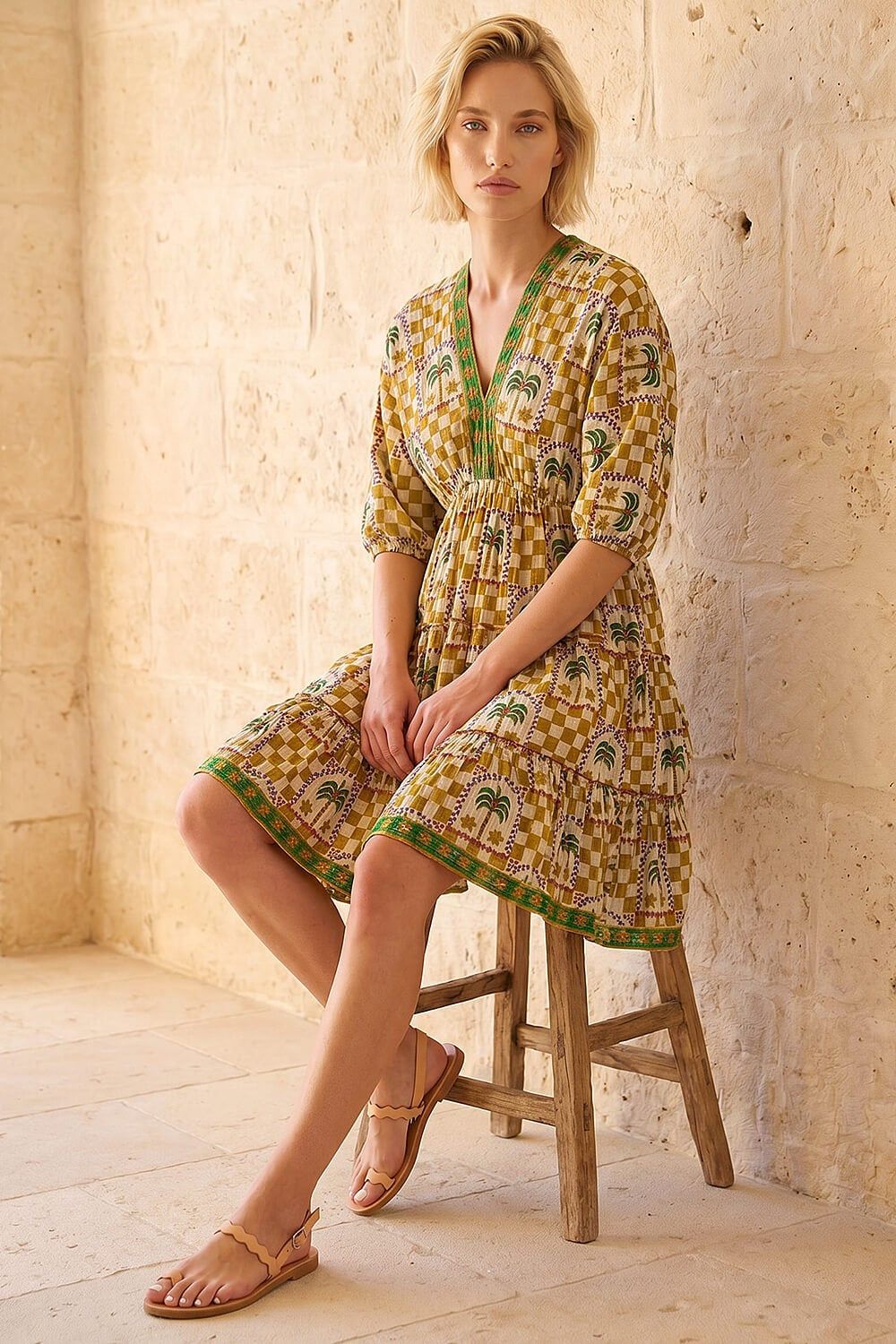 Roman Palm Check Print Boho Dress