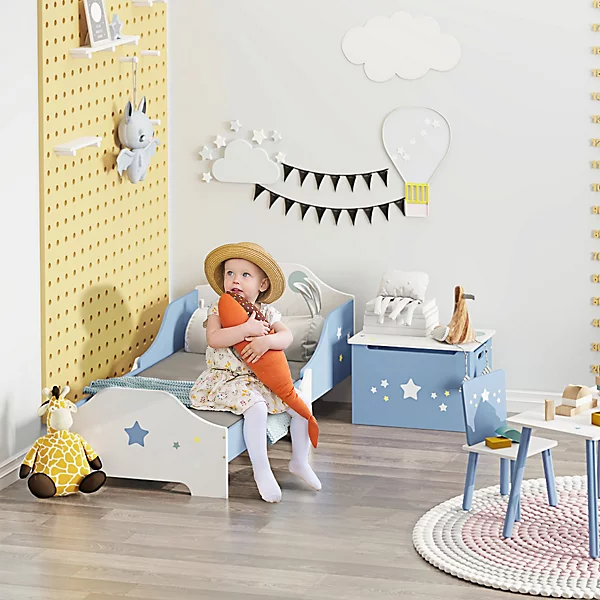 Lit enfant design étoiles - 3-6 ans - dim. 143L x 74l cm - sommier à lattes inclus - bleu blanc
