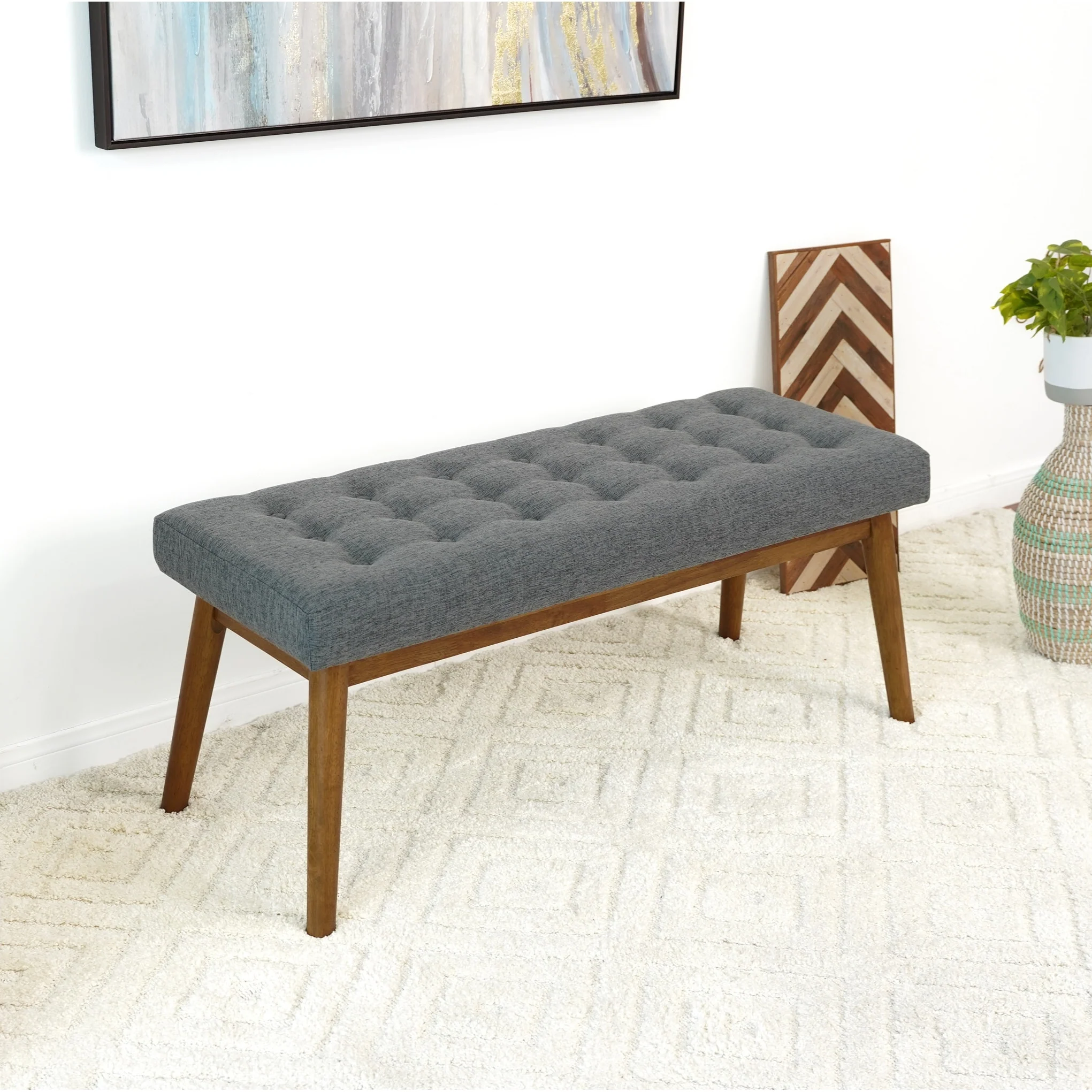 Julianne Mid-Century Modern Fabric Upholstered Bench in Dark Grey