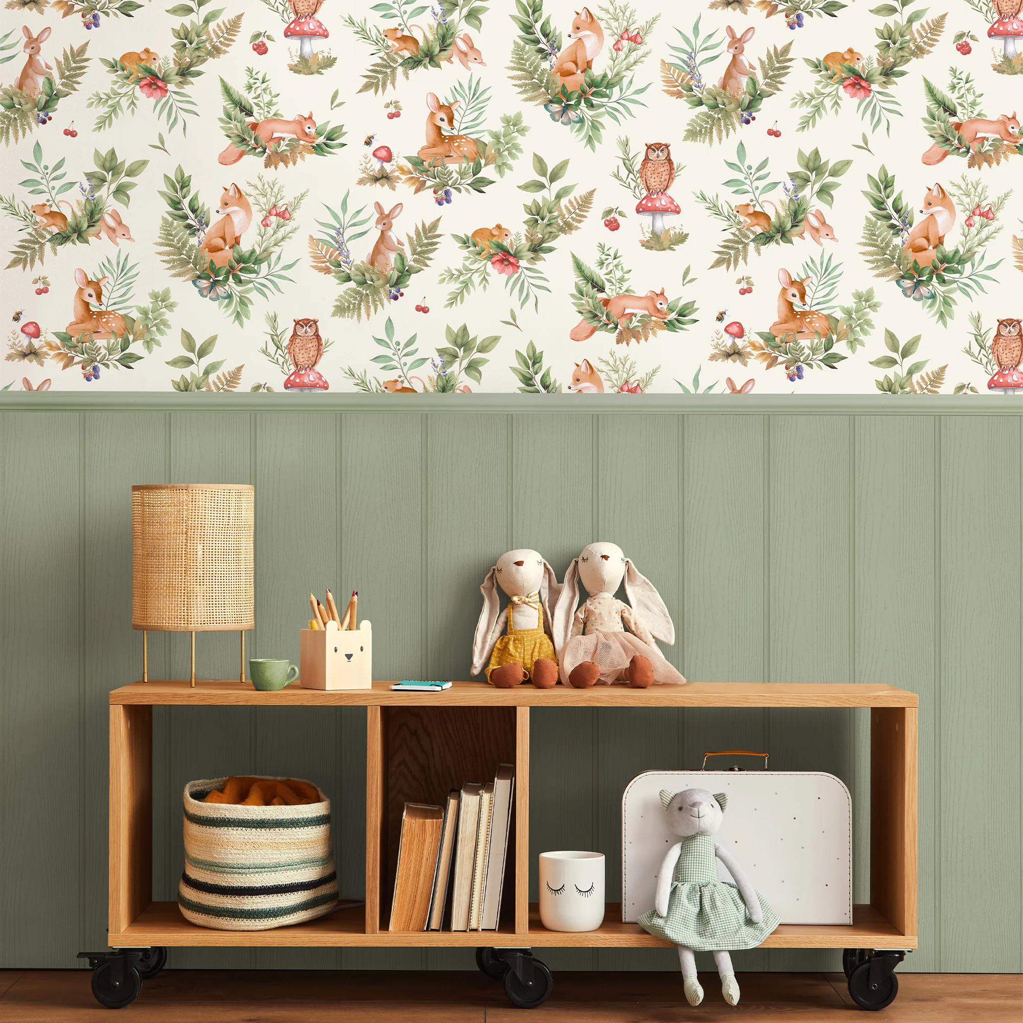 HOLDEN DECOR Papier peint FOREST FRIENDS écru et vert feuille