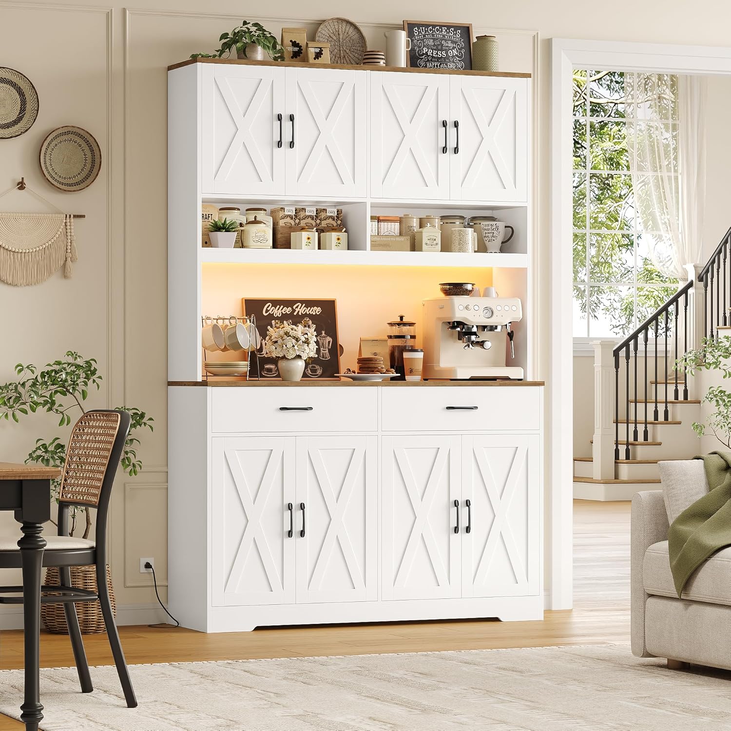 HOSTACK Modern Farmhouse Pantry Cabinet, 75 Tall Kitchen Pantry Storage Cabinet with Charging Station, RGB LED Light, Multi-Purpose Kitchen Storage Hutch Cabinets with Adjustable Shelves, White