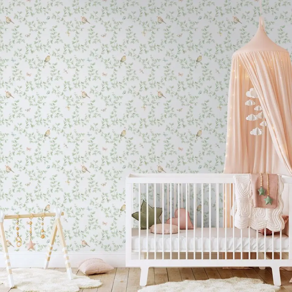 Sanders & Sanders behang bloemen en vogels lichtgroen en wit - 53 cm x 10.05 m