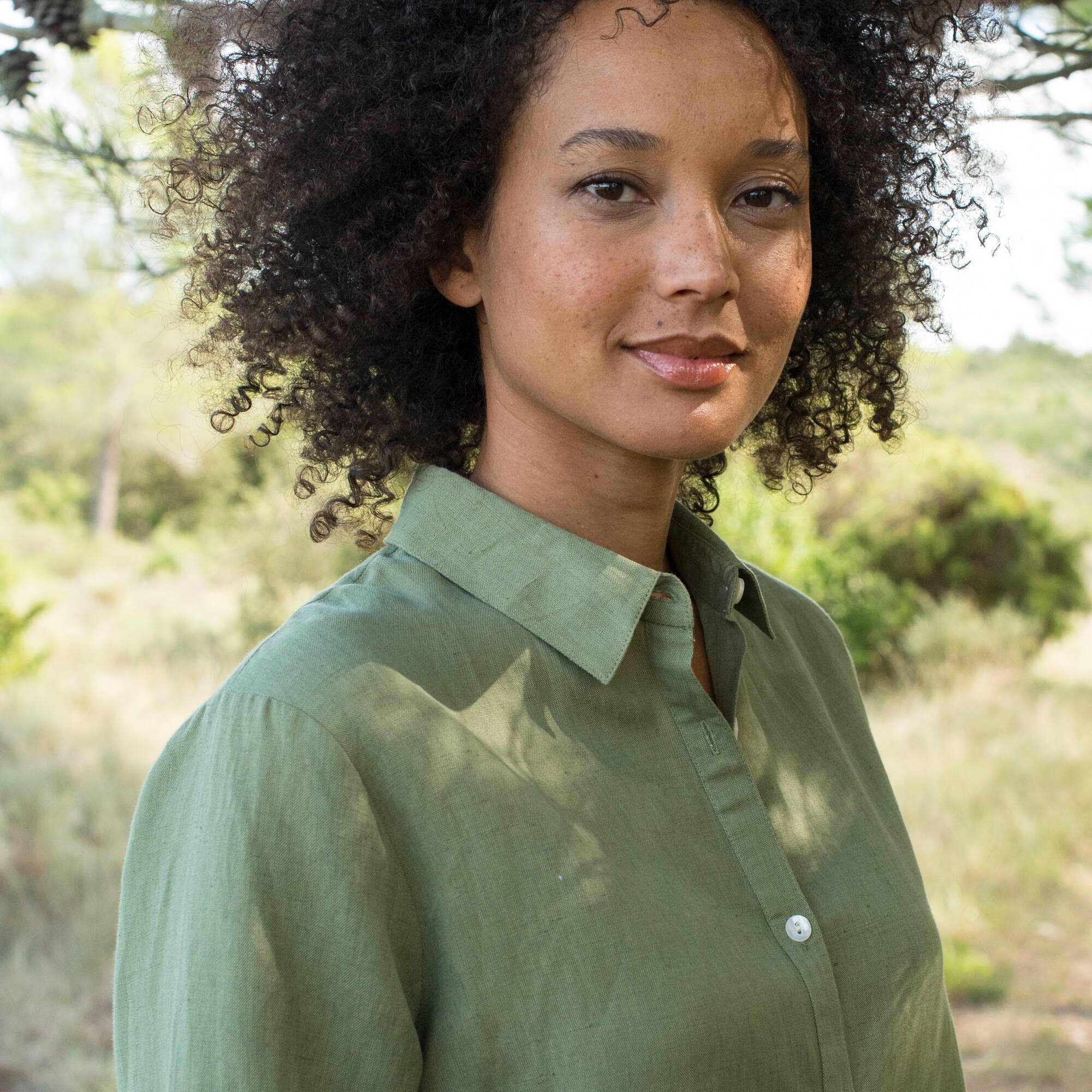 Robe chemise en coton-lin, manches retroussables