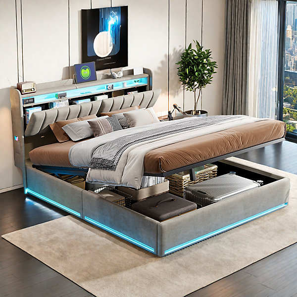 Lit coffre 160x200 cm en tissu velours gris avec tête de lit rembourrée, LED intégrées, rangement pratique, prise USB
