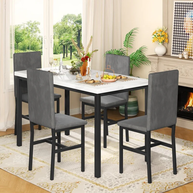 Grondin Modern Style Faux Marble Top 5-Piece Casual Dining Set with 4 Velvet Upholstered Dining Chairs