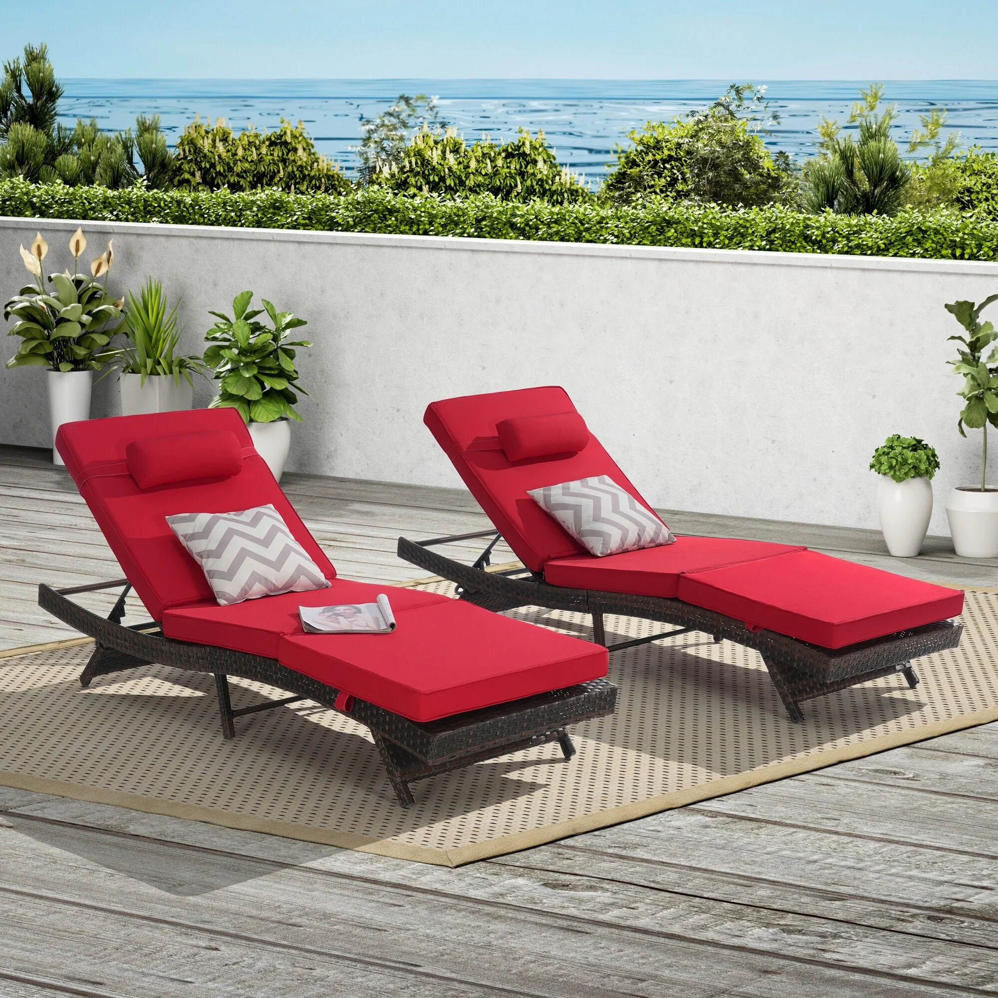 Outdoor Wicker Long Reclining Chair Set of 2, Wicker Reclining Lounge Chair Lawn Sunbathing Chairs for Beach Poolside Garden