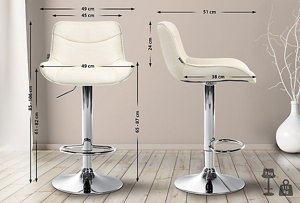 Lot de 2 tabourets de bar Vonore Tissu, réglable en hauteur, pivotant à 360 degrés, avec repose-pieds Crème/Chrome