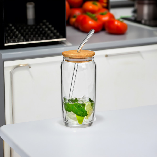 Kubek Szklanka Pojemnik ze Słomką Szklaną i Pokrywką Bambusową 590ml 1szt
