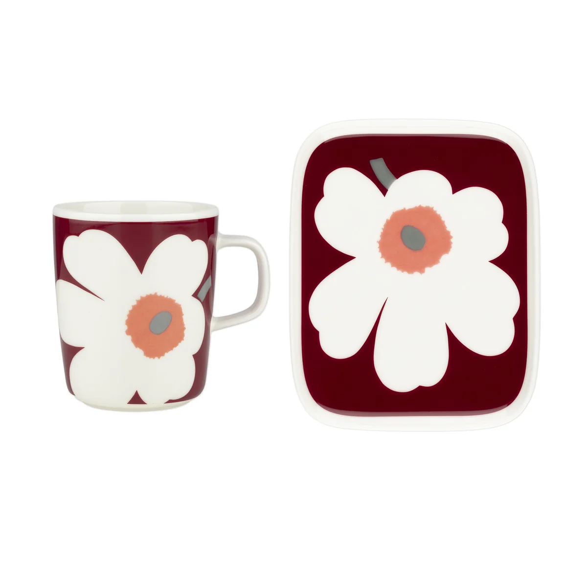 Marimekko - Unikko Becher mit Henkel & Teller, weiß / dark cherry / ash grey (2er-Set) (60th Anniversary Collection)
