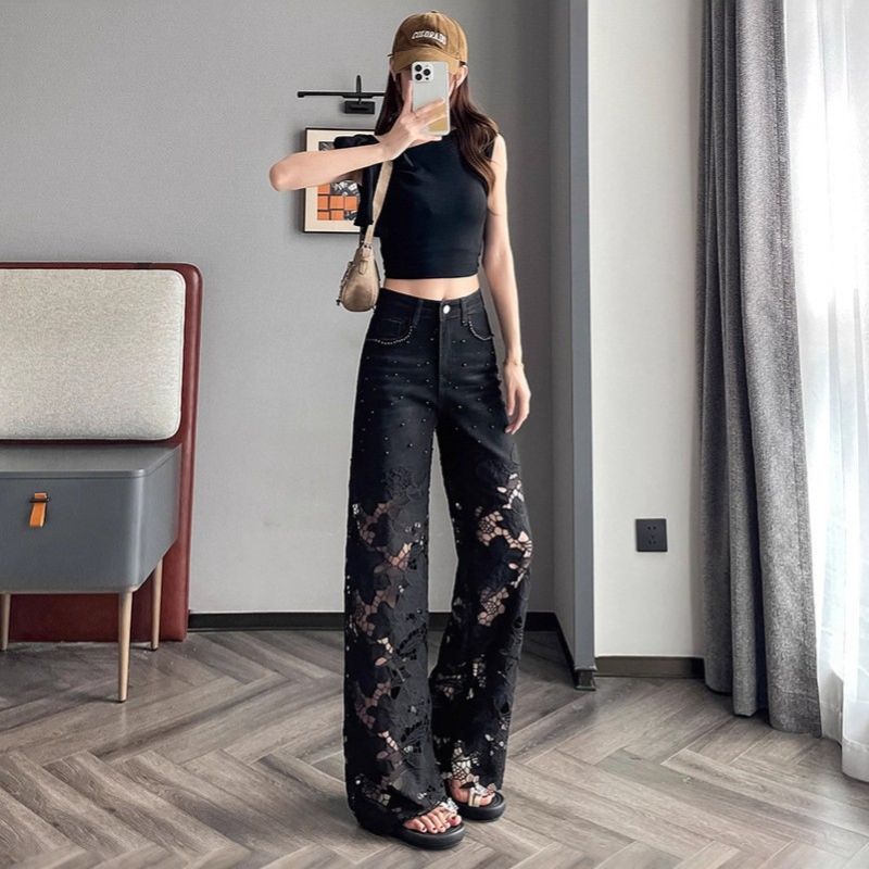 PEACH ACCESSORIES Black Wide Leg Jeans with Lace Patchwork & Pearl