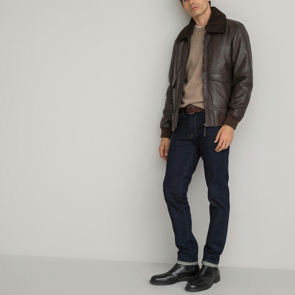 Blouson aviateur en cuir lisse col sherpa