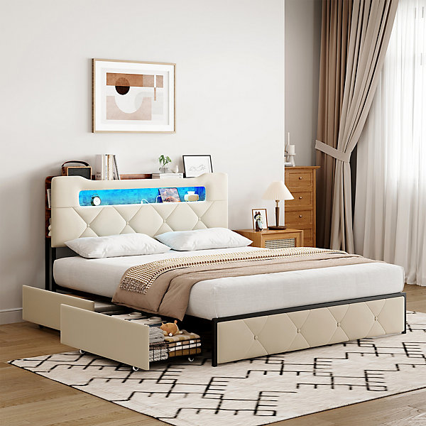 Lit double, 140x190 cm, avec 4 tiroirs, lumière LED et port USB, tête de lit en velours, beige