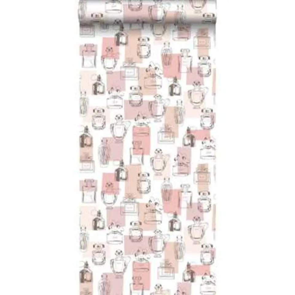 ESTAhome behang - parfum flesjes - perzik roze - 0.53 x 10.05 m