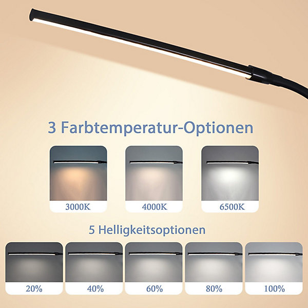 Nettlife Lampe de bureau LED à pince, noire, 3 couleurs, 5 niveaux, 5W, USB, lumière du jour