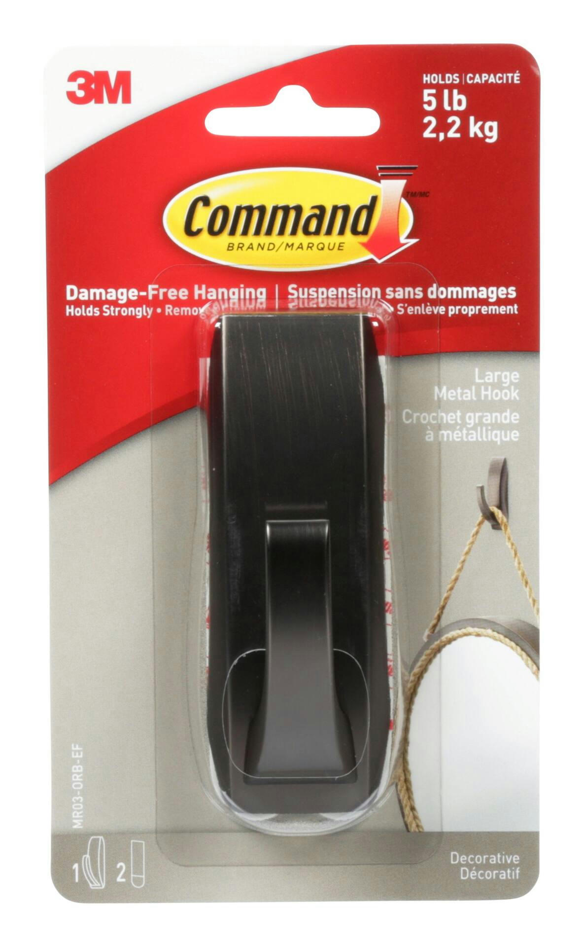 Command Large Metal Décor Hook with Adhesive Strips, Oil Rubbed Bronze, 5-lbs, 1 Strip per Pack