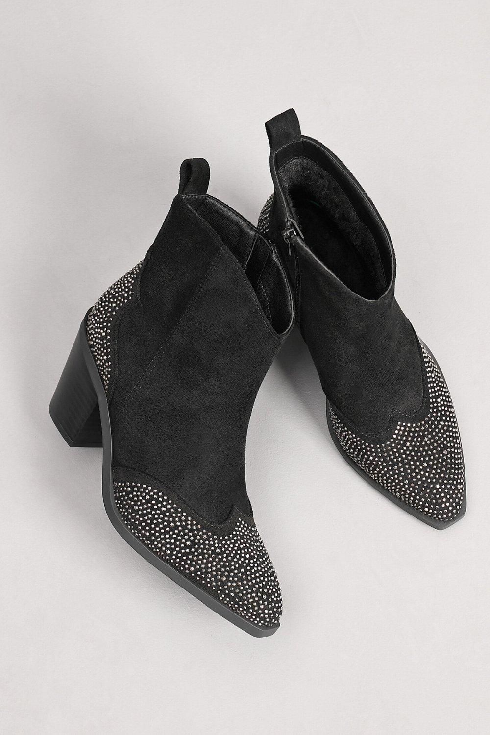 IVACHY Cowboy Suede with Sparkling Diamonds Block Heel Zip Closure Ankle Boots