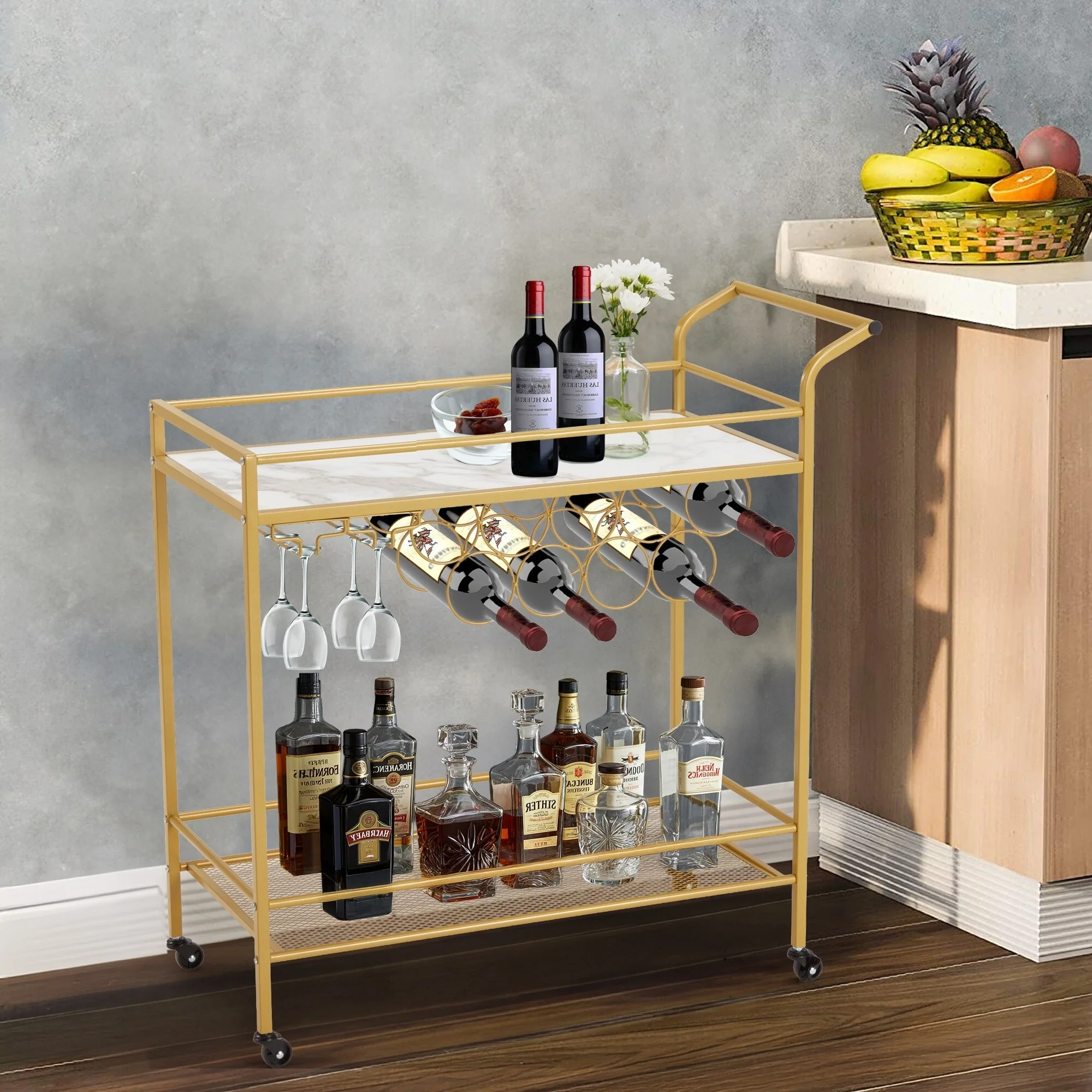 EROMMY Gold Bar Cart with Wheels, Rolling Liquor Cart with Wine Rack and Glass Holder, Modern Bar Trolley for Home Kitchen.
