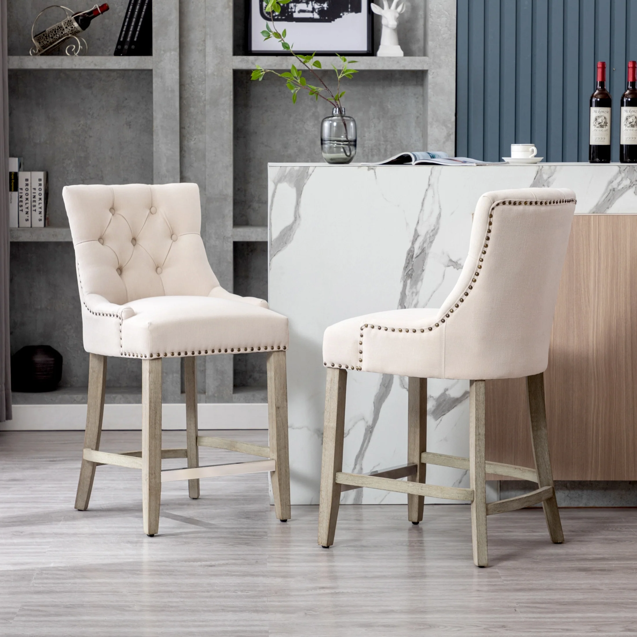 Carter 24 Linen Fabric Tufted Upholstered Counter Stool (Set of 2) - N/A