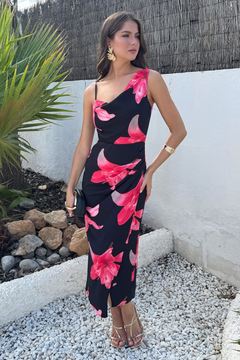AX Paris Black And Cerise Floral Print Strap Detail Cowl Midi Dress
