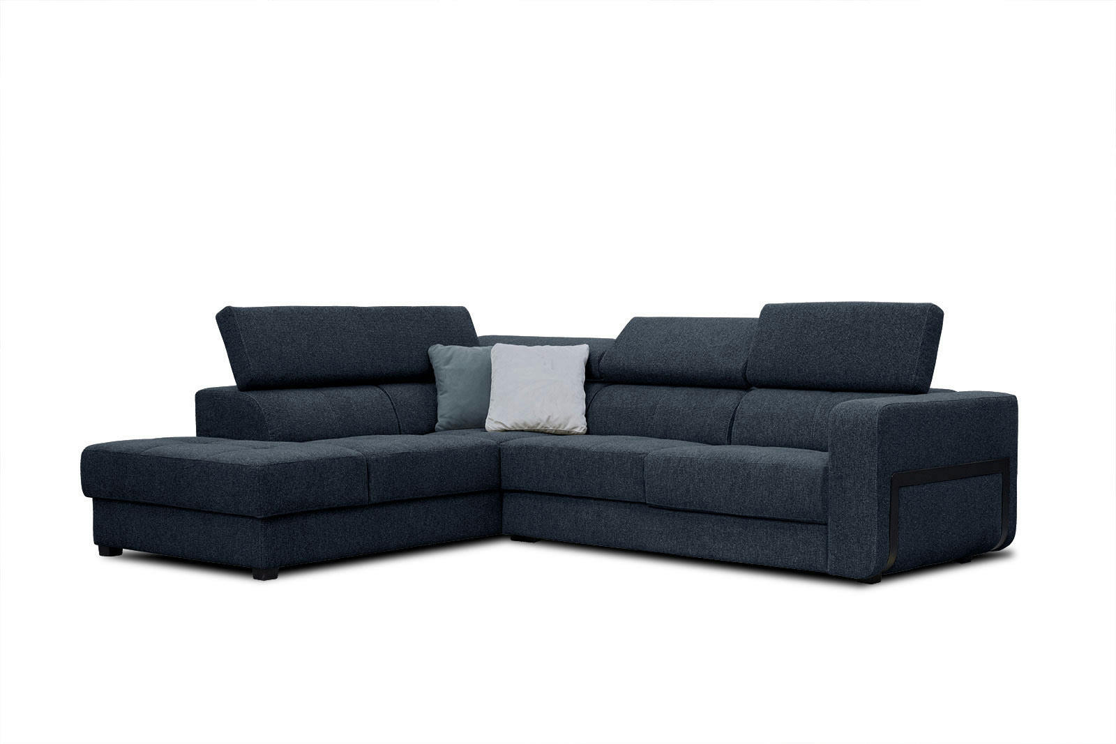 BERGO - Canapé d'angle gauche 5 places en tissu bleu foncé avec coussins déco