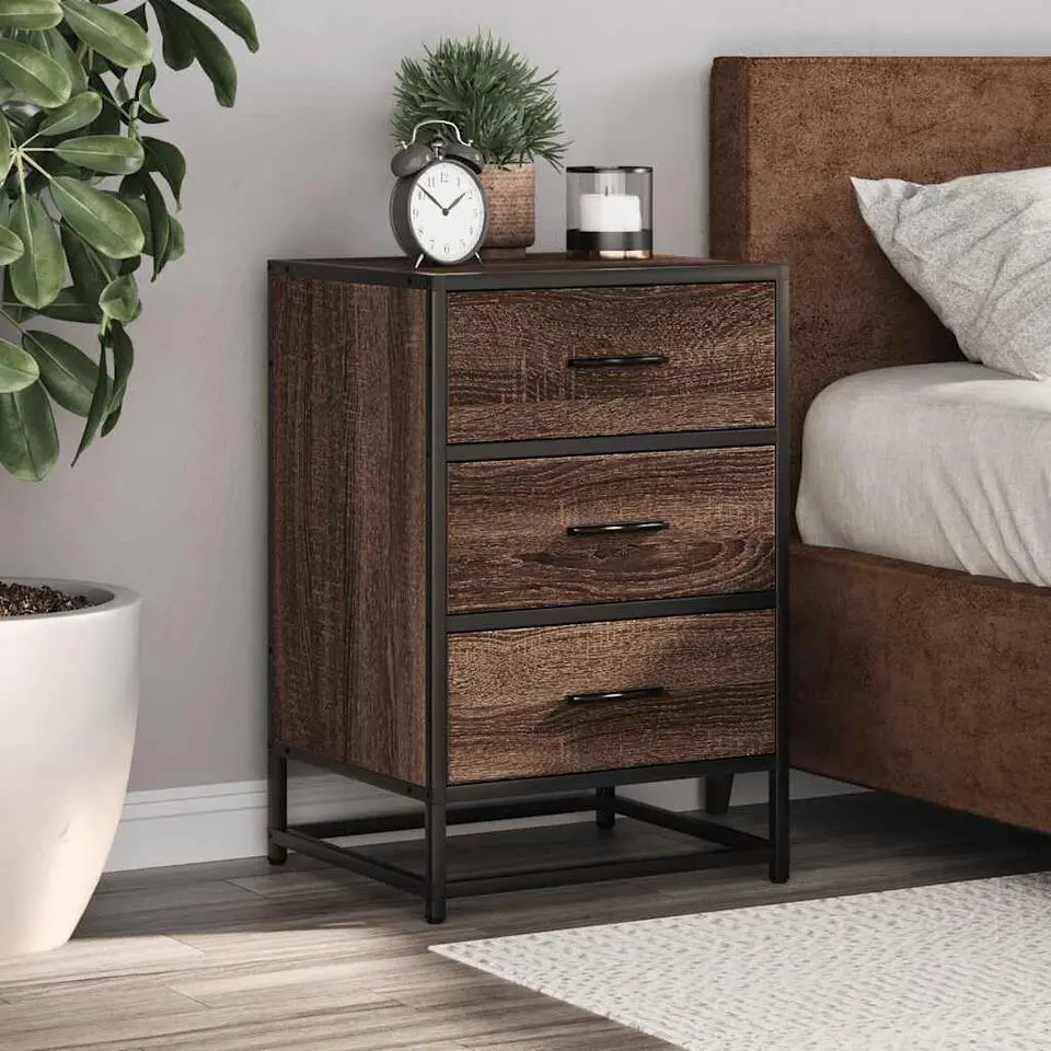 vidaXL - Nachtkastjes met 3 lades - Bruin eiken - Hout en metaal - 40x34.5x60 cm