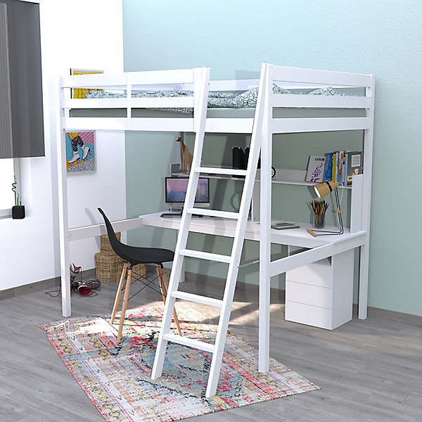 Lit Mezzanine 140x190cm blanc SALA avec Bureau et commode incl. Sommier et échelle