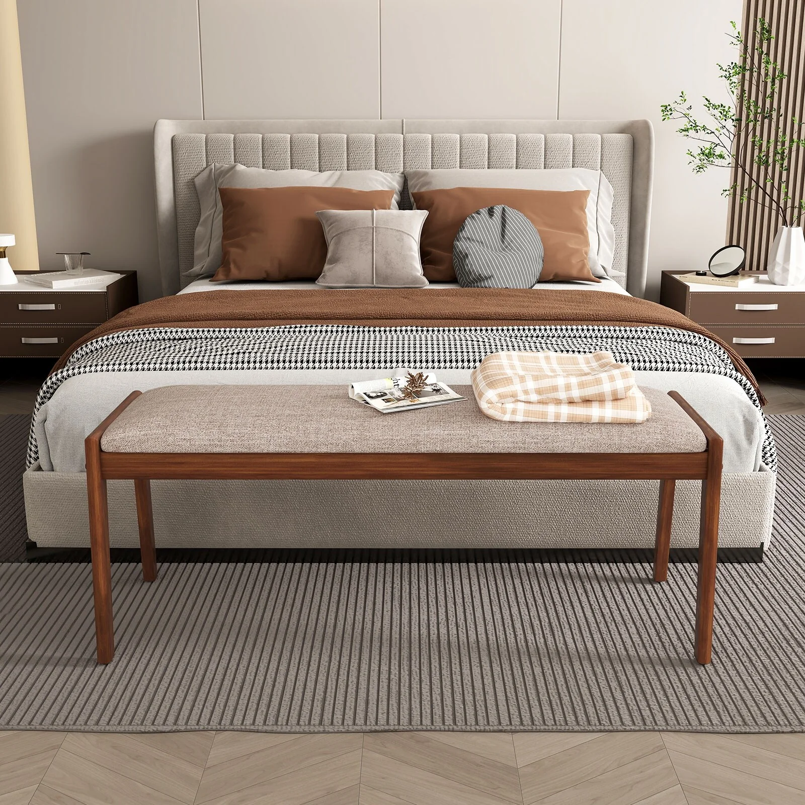 Natural Rubber Wood Dining Bench with Beige Faux Linen Padded Seat and Anti-Slip Pads - 45 L x 17 W x 19 H