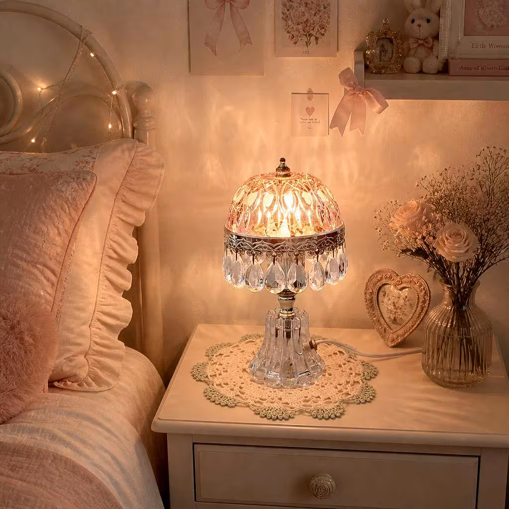 Vintage cranberry glass and crystal Michelotti boudoir lamp with patterned dome shade, dangling teardrop prisms & clear pressed glass base