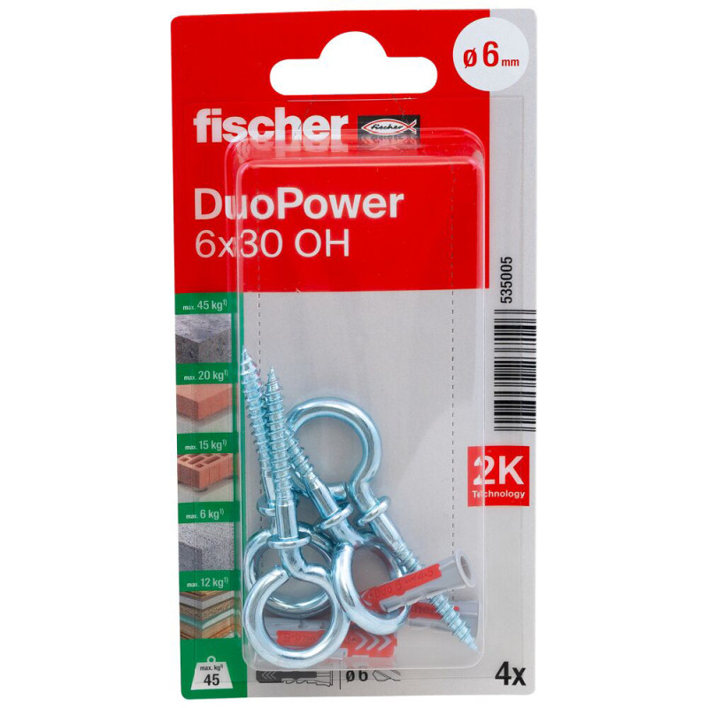 Cheville DuoPower OH en nylon avec collerette et piton Ø 6 x 30 mm 4 pièces