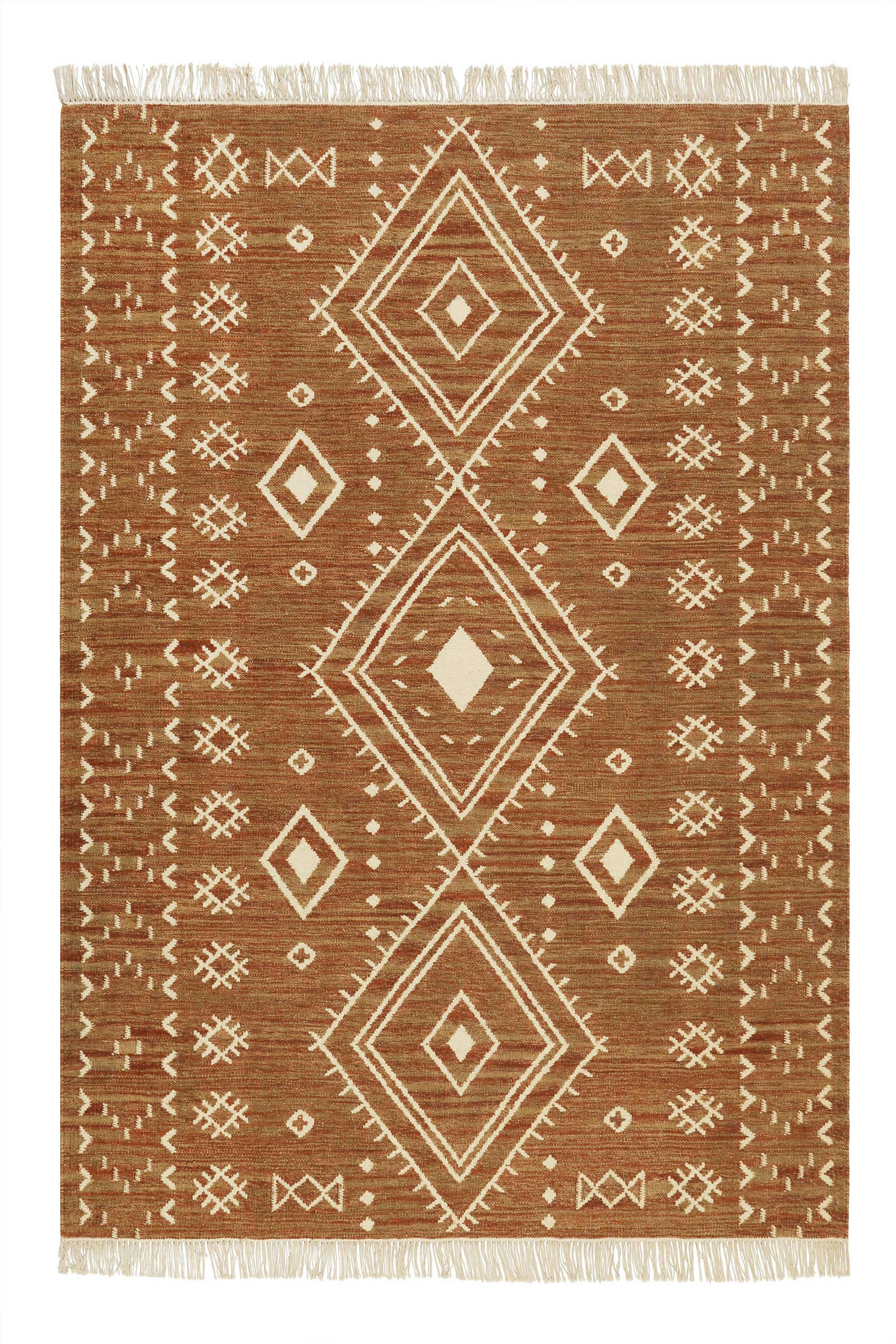 MONACO - Tapis ethnique tissé main laine et coton brique beige 160x230