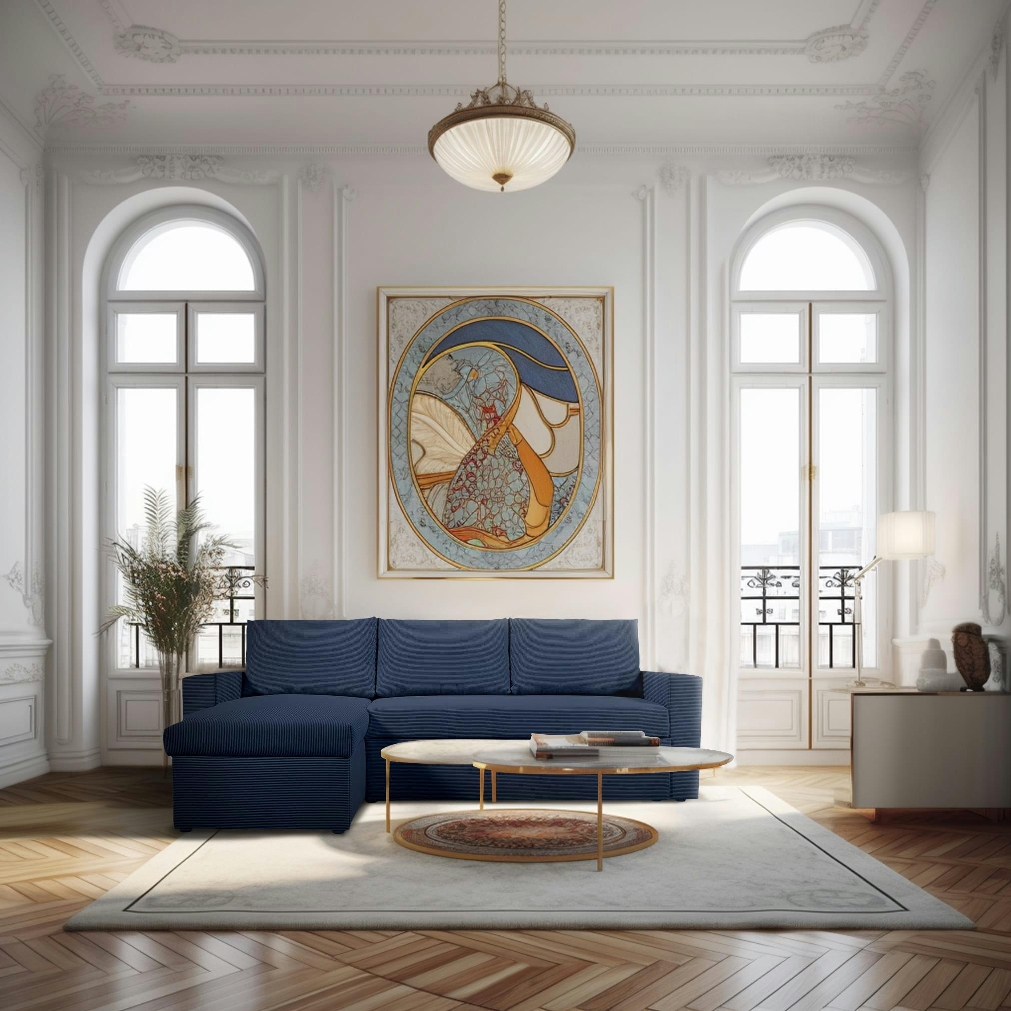 ALEDO - Canapé d'angle convertible 4 places en velours côtelé bleu marine