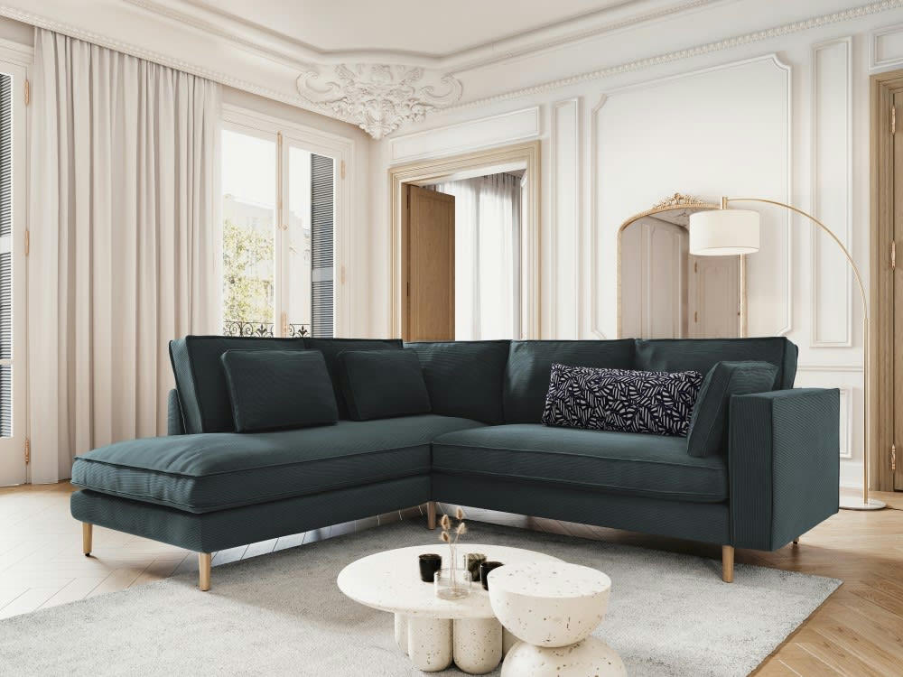 ALEXIS - Canapé d'angle 5 places en tissu structuré bleu