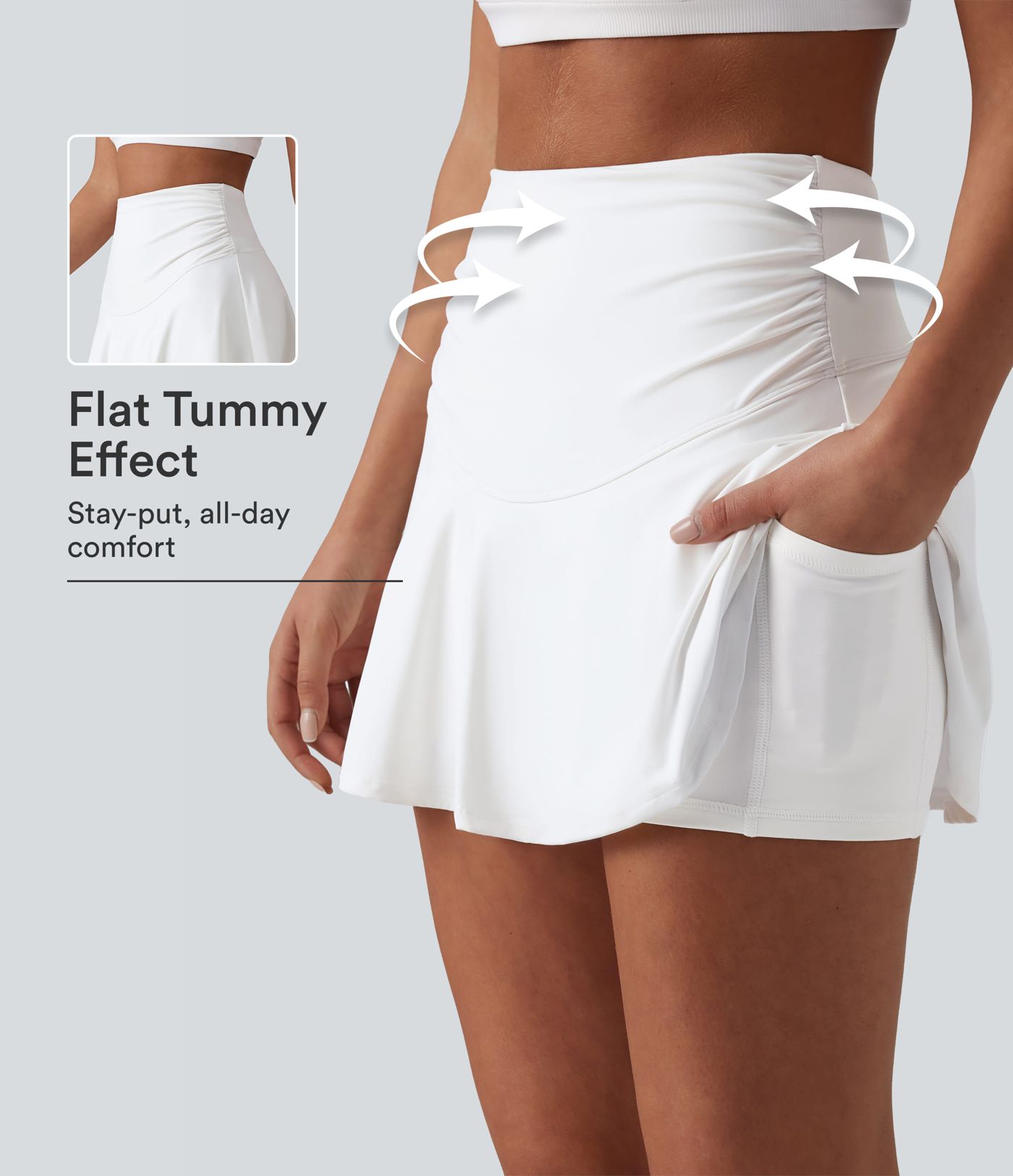 Jupe trapèze 2 en 1 à taille haute froncée, effet ventre plat, séchage rapide, mini, avec poches - Protection solaire UPF50