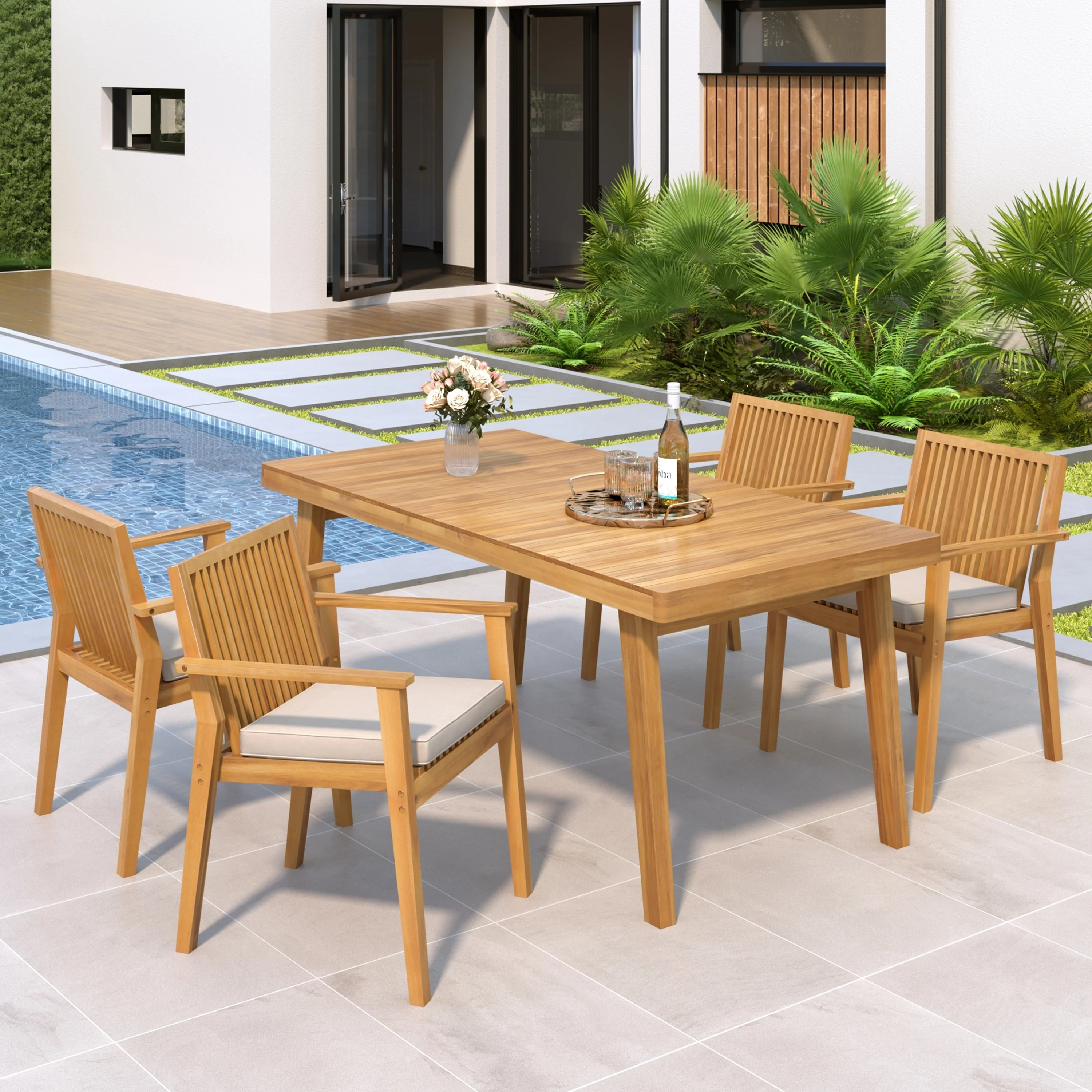 Durable 5 - Piece Patio Furniture Set Acacia Wood Table and 4 Heavy-Duty Cushioned Chairs, Brown