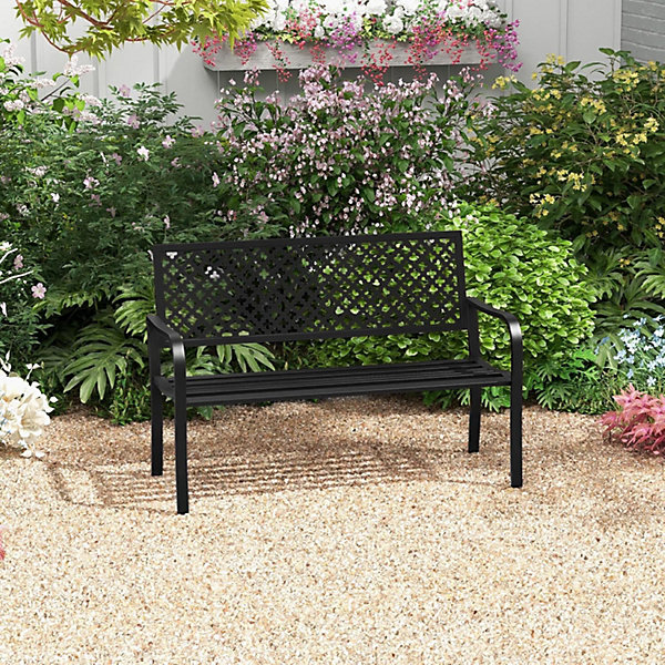 Banc d Extérieur pour 2 Personnes 127cm Banc de Jardin en Métal avec Dossier et Assise à Lattes Accoudoirs Courbés Ergonomiques