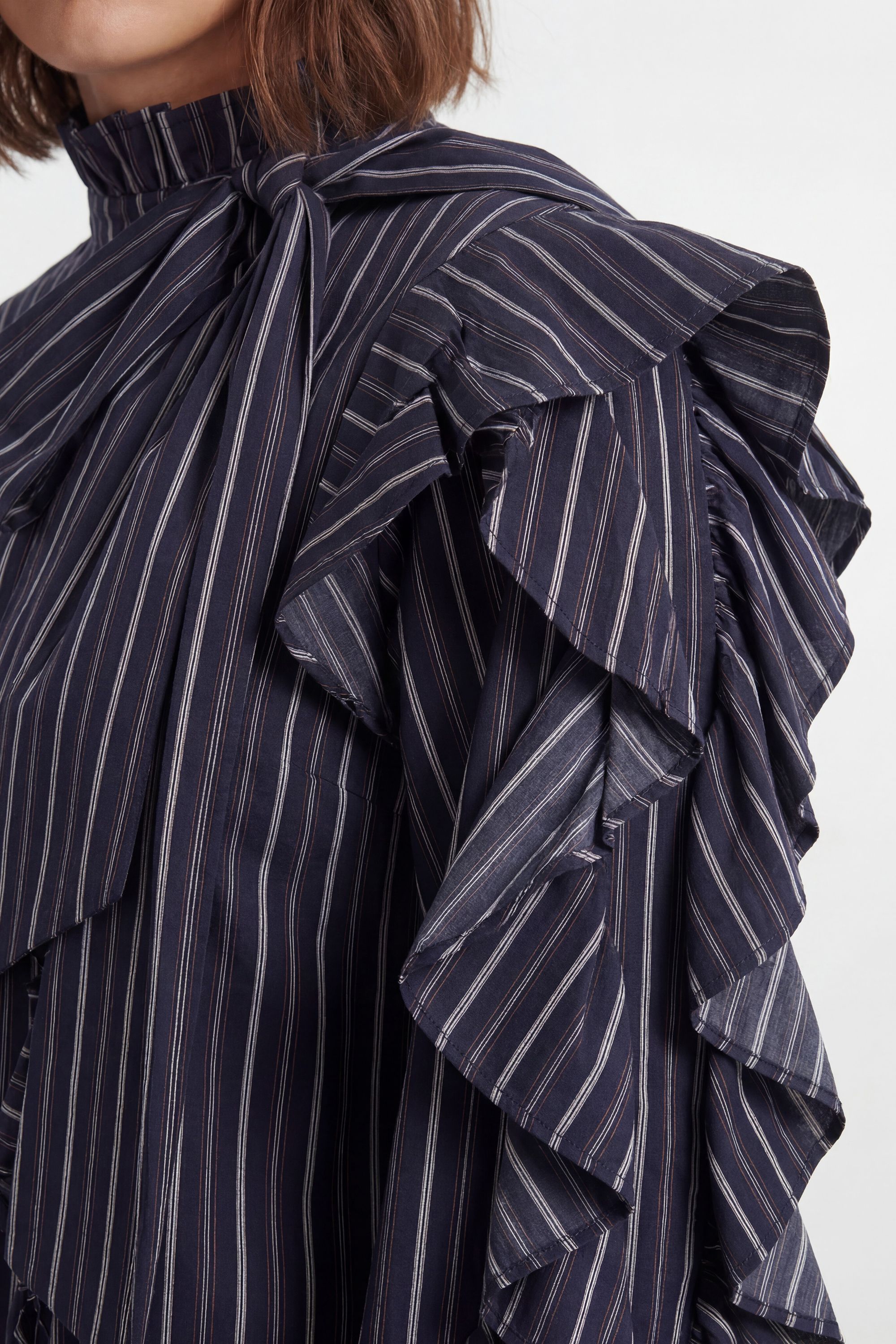 KarenMillen Ruffle Front Cotton Stripe Pussy Bow Blouse