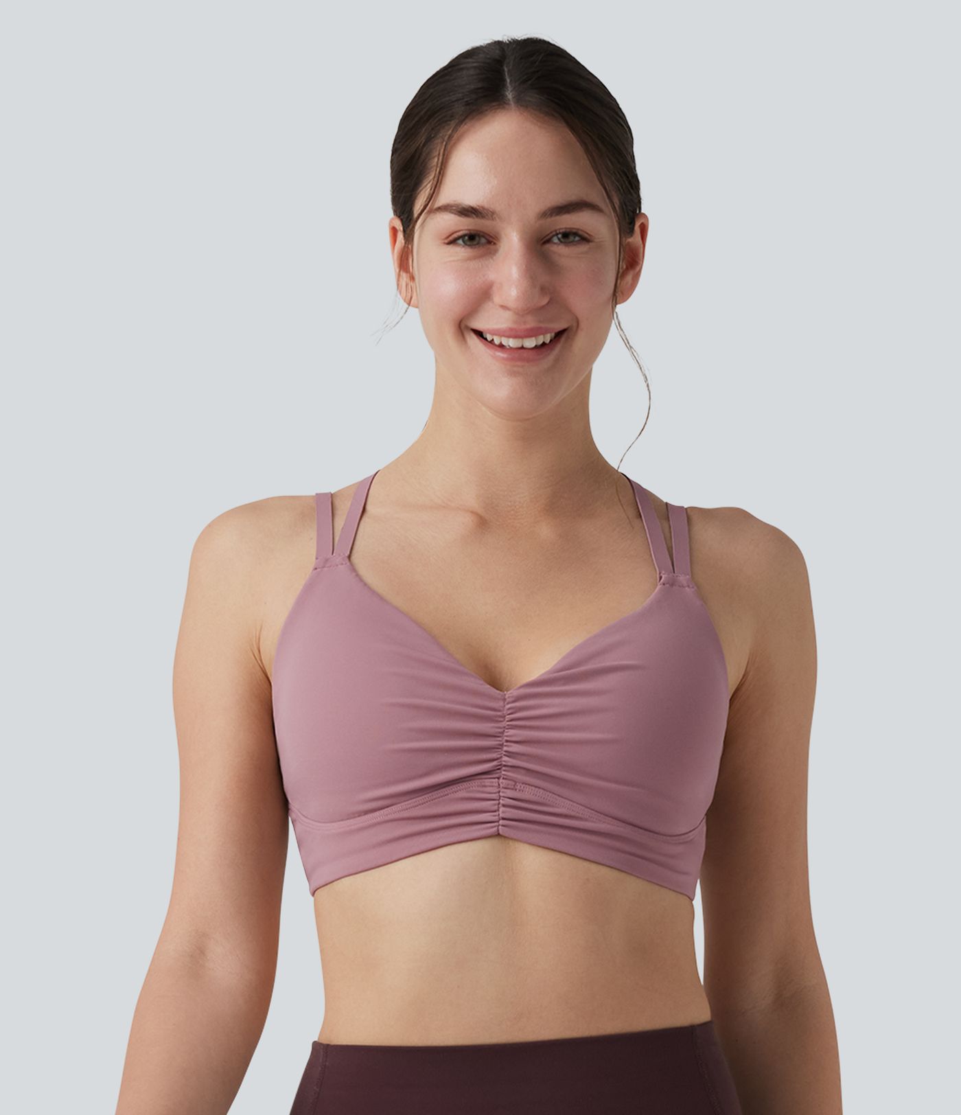 Brassière de sport yoga maintien léger dos croisé ouvert bretelles réglables froncée avec brassière intégrée, à effet frais InstantCool et séchage rapide, protection solaire UPF50