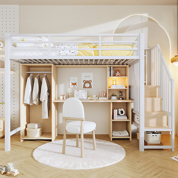 Lit mezzanine 90x200 cm - Structure en fer - Avec espace de rangement - Avec armoire   bureau - Blanc (matelas non inclus)