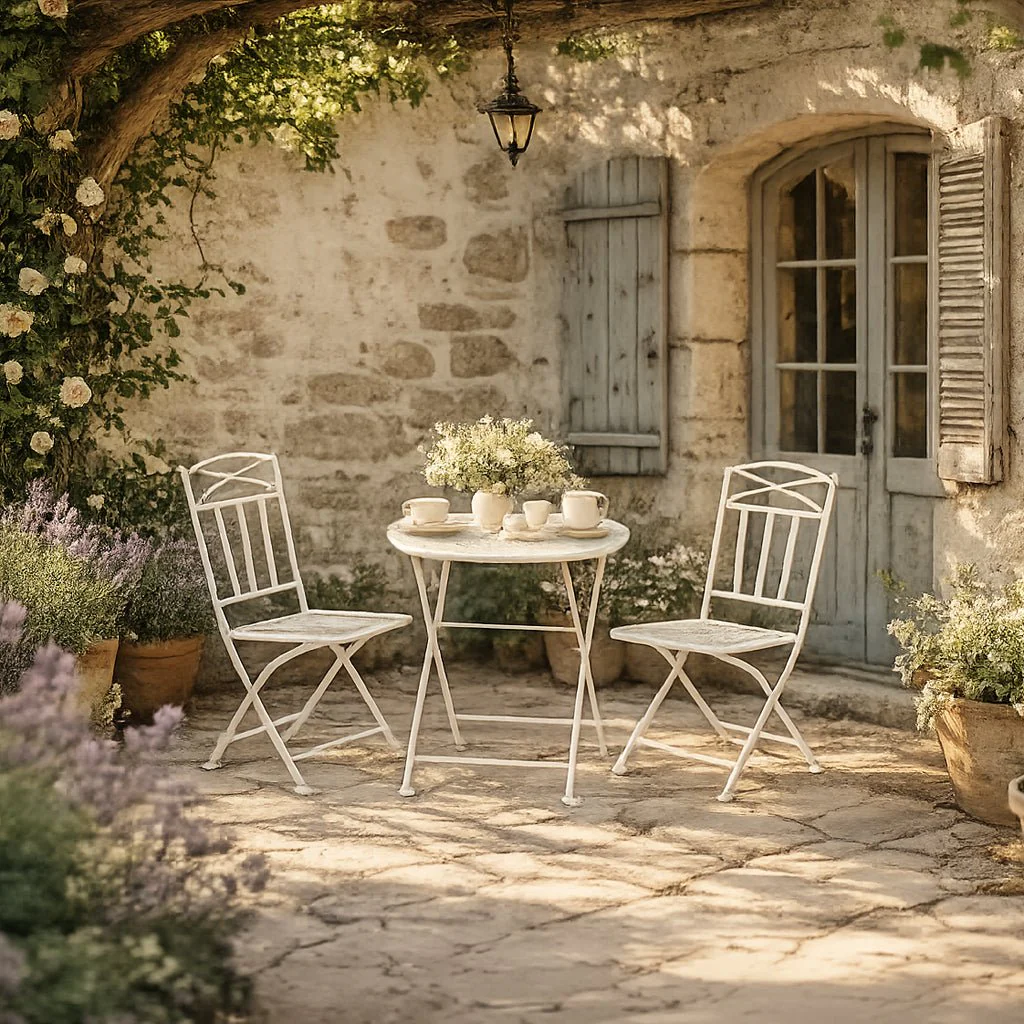 Conjunto de mesa e duas cadeiras em metal com folhas branco REVIVAL