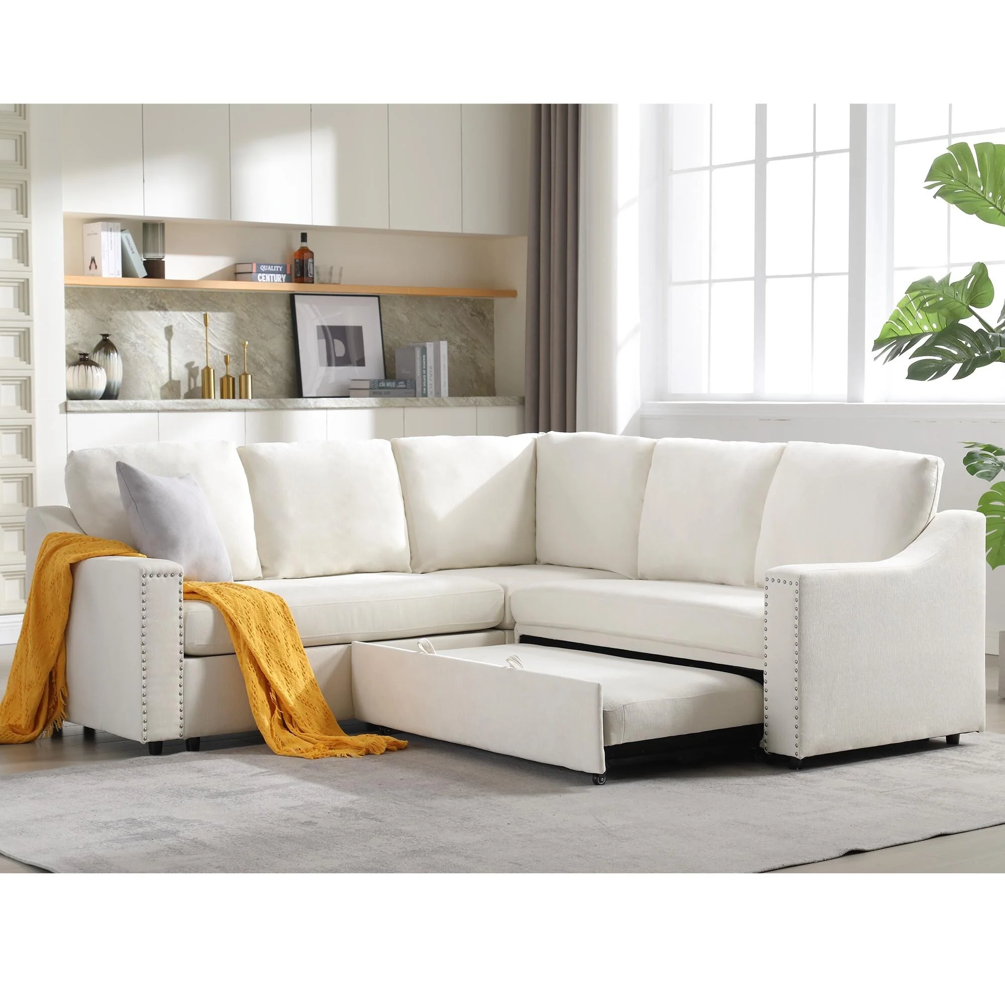 Beige 81.5'' L-Shaped 5-Seat Sectional Sofa with Pull-Out Bed and 6 Cushions, Multifunctional Corner Couch for Living Area
