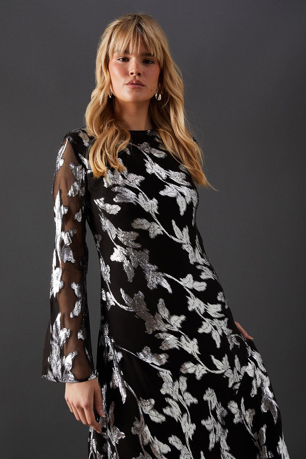 Warehouse Viscose Metallic Jacquard Asymmetric Seam Midi Dress