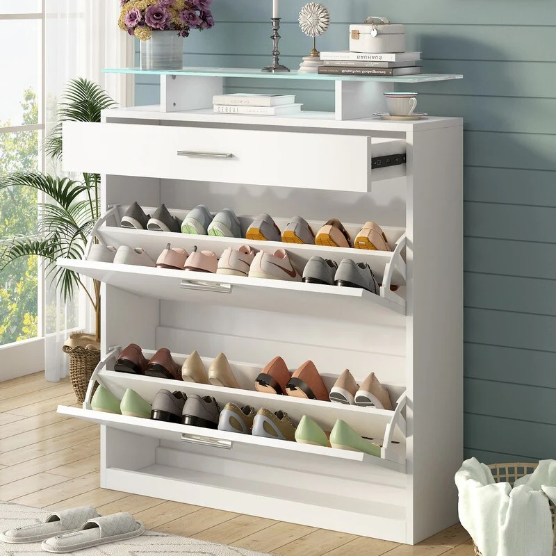 Shoe cabinet with 2 flip drawers and tempered glass top, freestanding shoe cabinet with LED lights