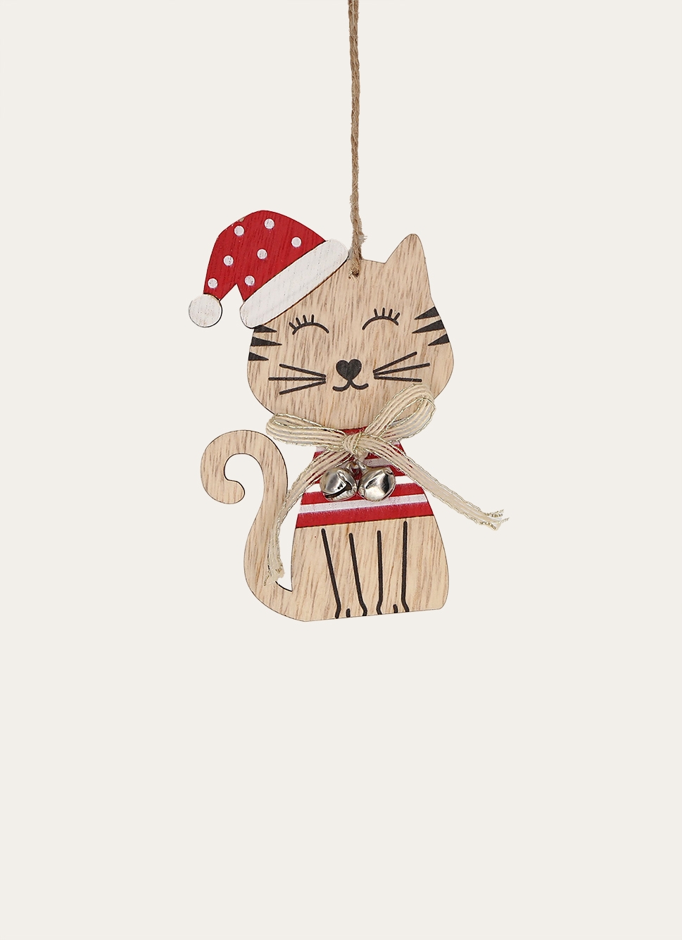 SUSPENSION CHAT DE NO&Euml;L EN BOIS AVEC BONNET ROUGE