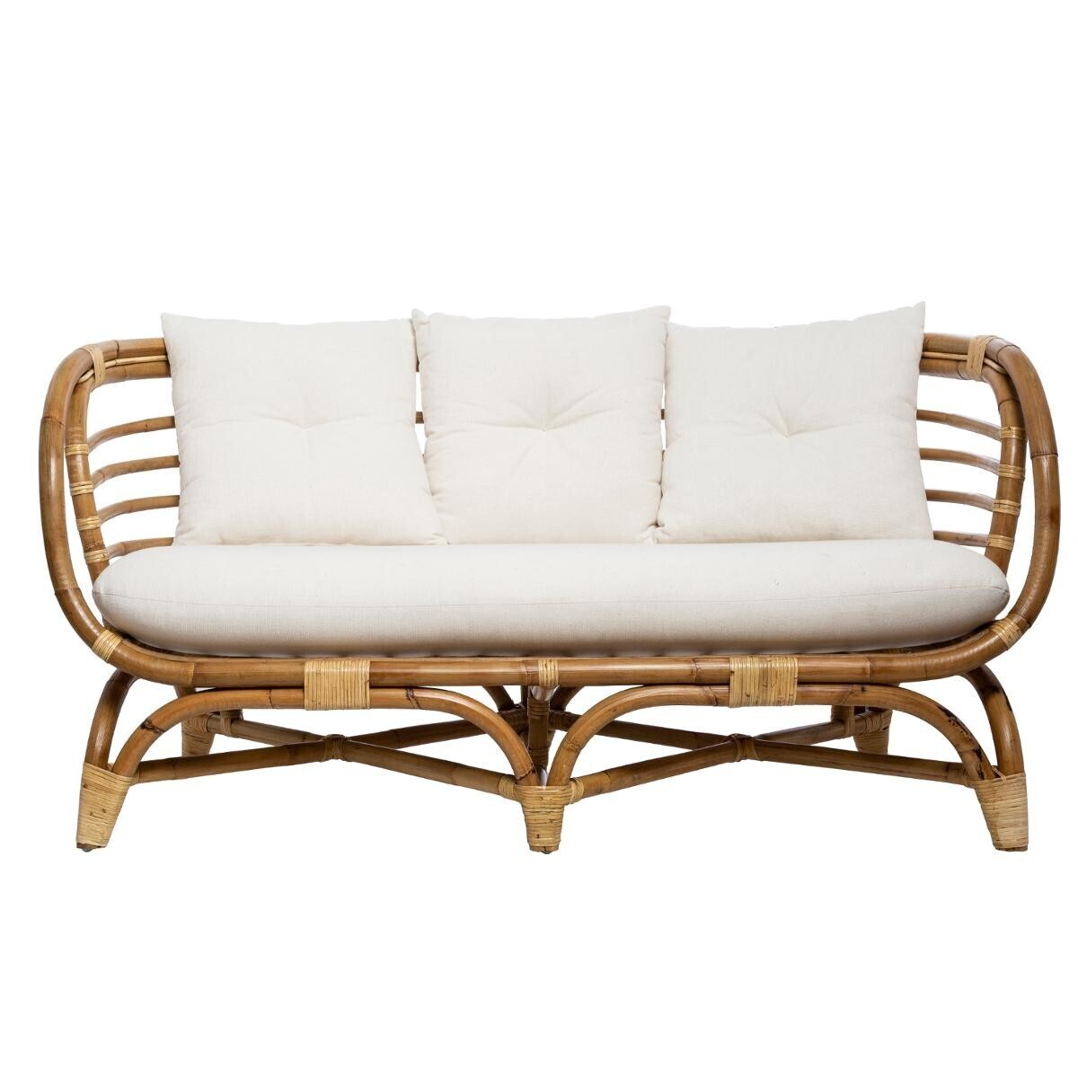 Ensemble canap&eacute;, 2 fauteuils et table basse "Farah" Rotin, Tissu blanc