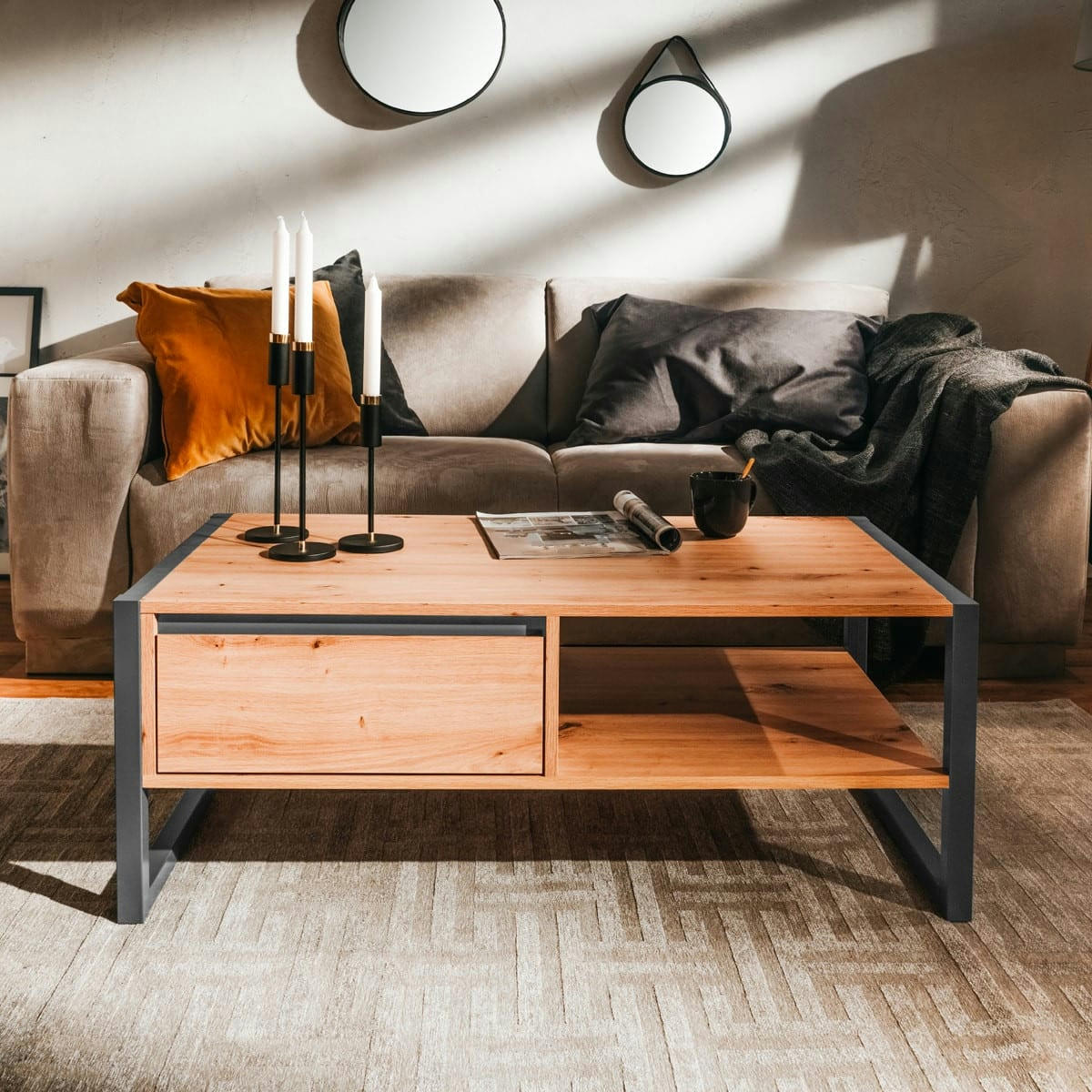 NORA - Table basse double plateau effet chêne piètement anthracite 100 cm