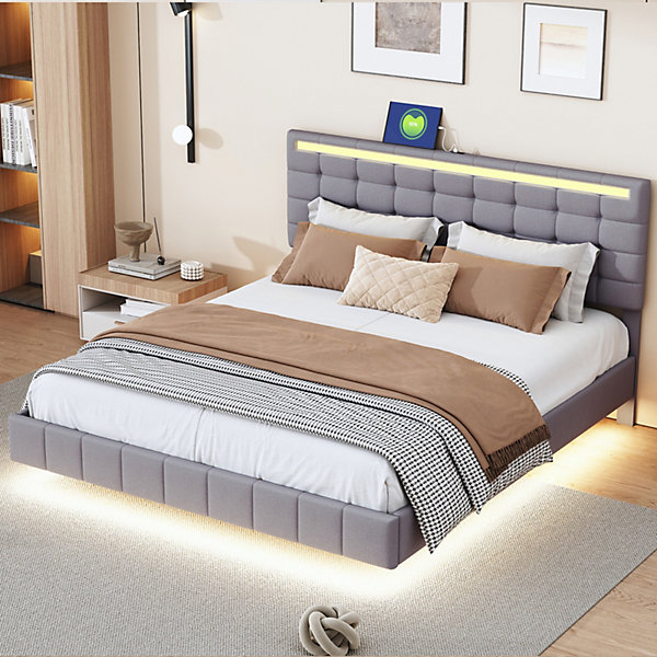 Lit double capitonné 160 x 200 cm, cadre de lit flottant, rembourré, avec LED, lin, gris