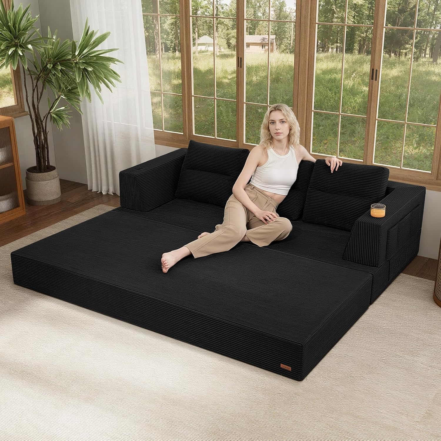 COMAX Futon Sofa Bed Queen, 79 Convertible Sofa Bed Couches for Living Room, 4 in 1 Folding Boneless Sleeper Corduroy Couch Loveseat Foam In a Box, Comfy Foldable Lounge Fold Out Floor Mattress Black